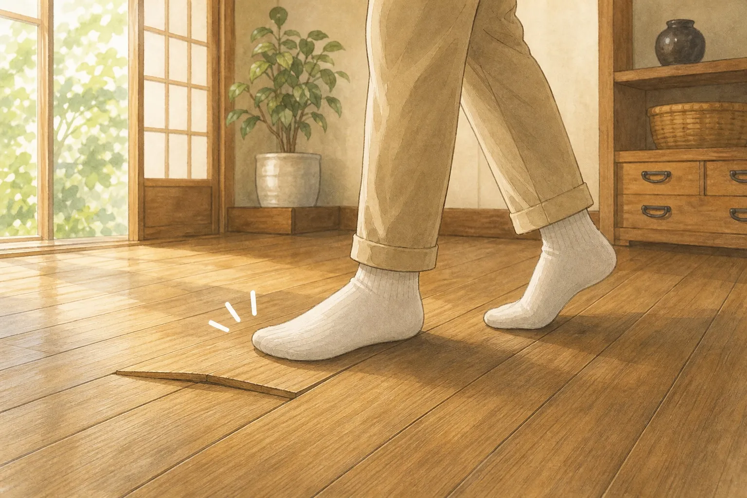 築古物件の床の沈みやきしみを確認する様子
