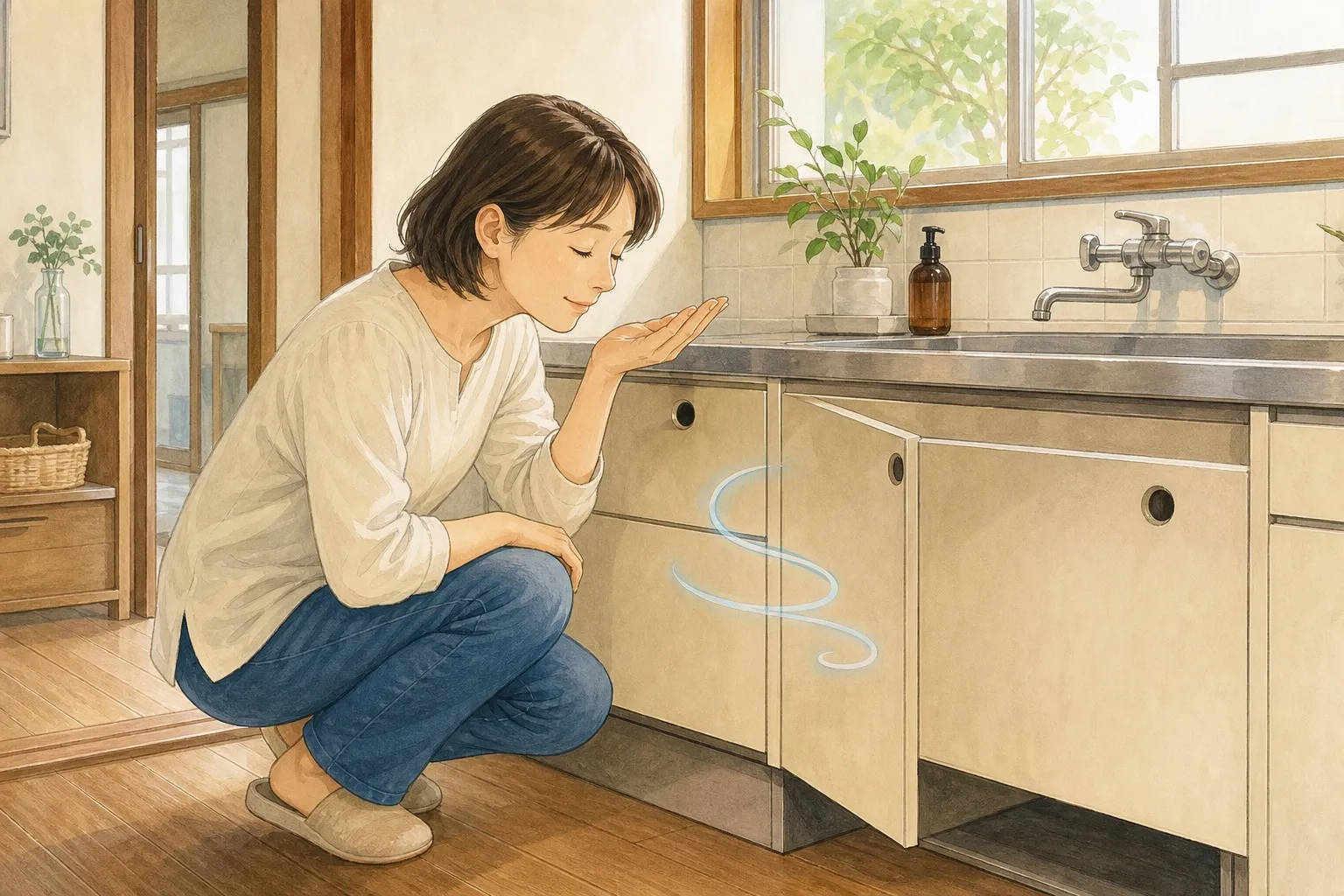 古い家のキッチンで水回りのにおいを確認する様子