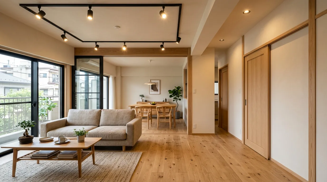 ダクトレール照明と統一感のある建材ですっきり仕上げたリビング