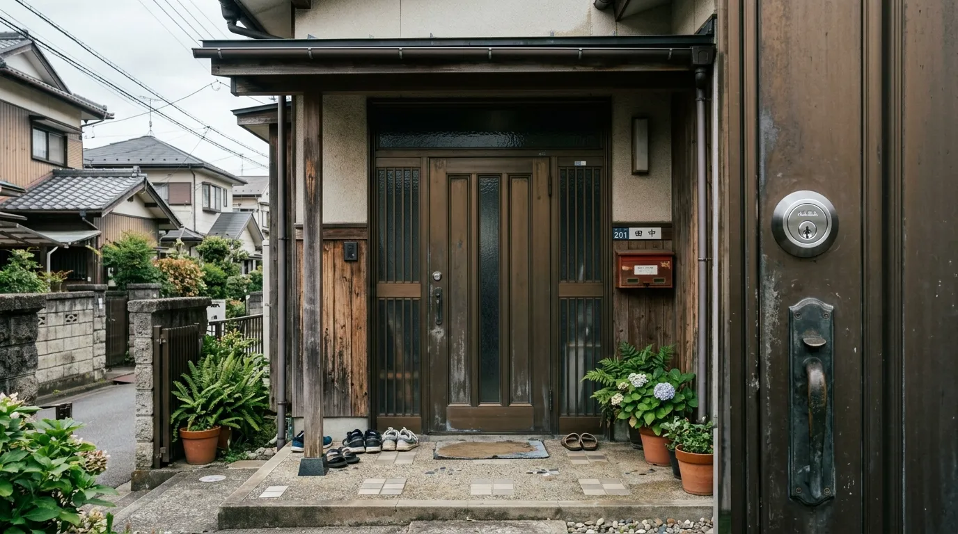 リノベーションされた日本家屋の玄関ドア。新しく設置された頑丈なシリンダー錠とシックなハンドルが安心感を漂わせる