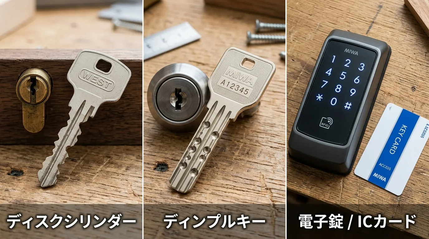 木目調のテーブルに置かれた最新のディンプルキーと堅牢な真鍮製シリンダー