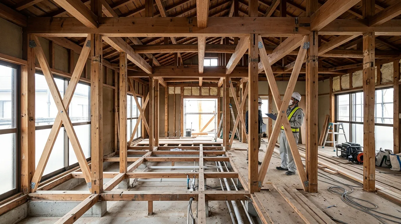 リノベーション工事中の木造軸組住宅。柱・梁・筋交いで構成された骨組み現場