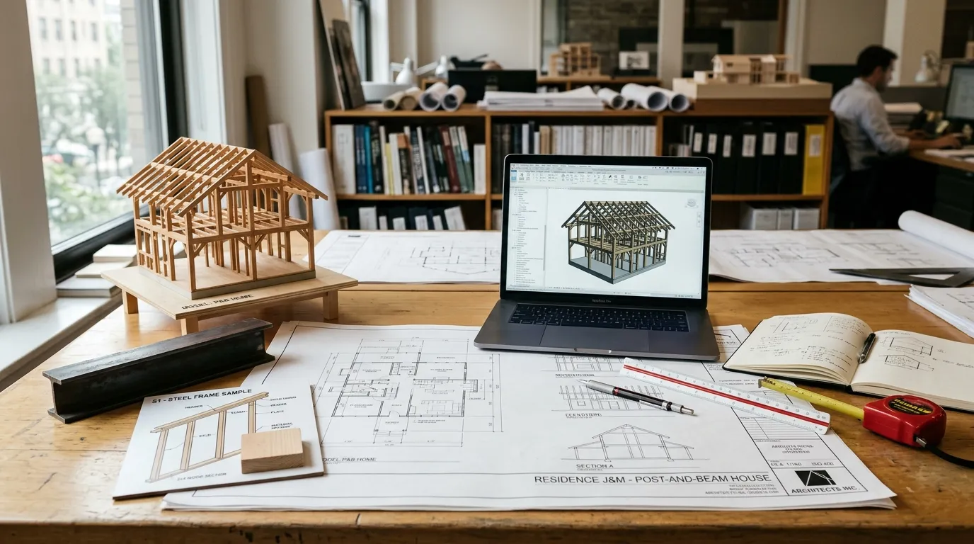 設計事務所のデスクに並ぶ木造・鉄骨・2x4の図面と建築模型