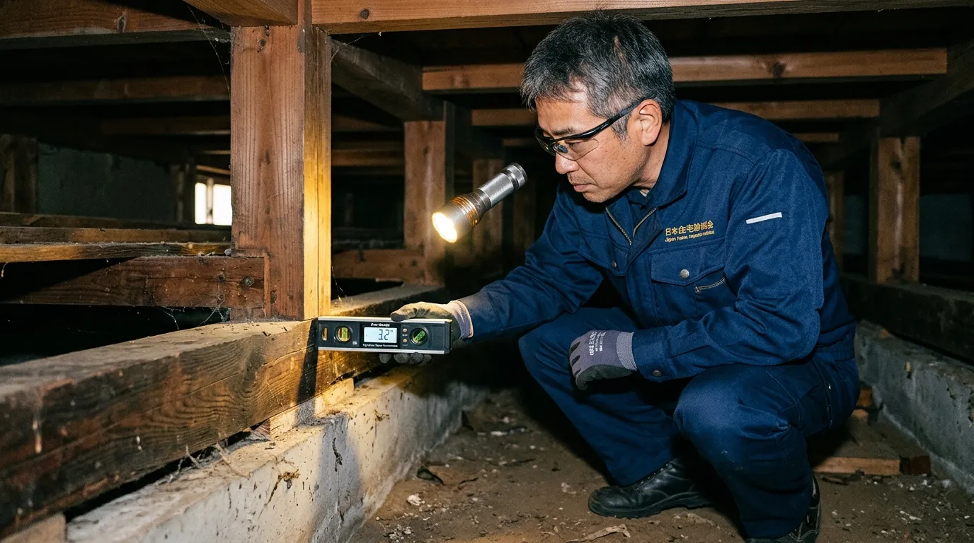 床下の木製土台と基礎をライトと水平器で入念に点検するホームインスペクター