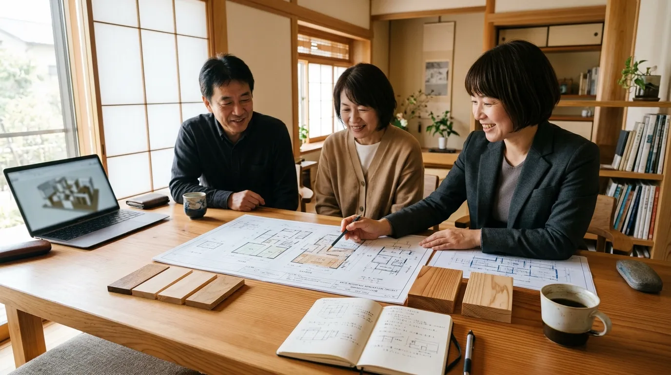設計図面や素材サンプルを囲んでリノベーション計画を相談する様子