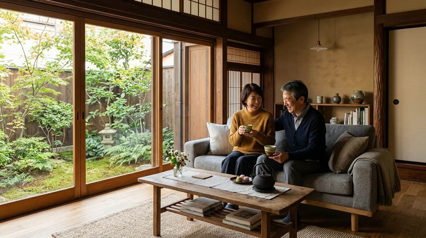 明るい光が差し込むリビングで穏やかに過ごす家族の時間